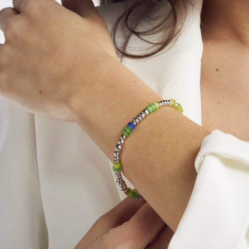 Bracciale in argento bianco con pietre verdi Linea BOULE